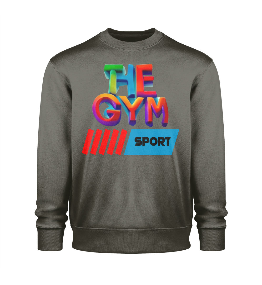 Nachhaltiges Unisex Premium Organic Sweatshirt aus 100% Bio-Baumwolle, Oversized-Schnitt, Rundhalsausschnitt und modernem Design für Damen in Khaki-7151 mit THE-GYM-SPORT Aufdruck von www.digiuliano.com