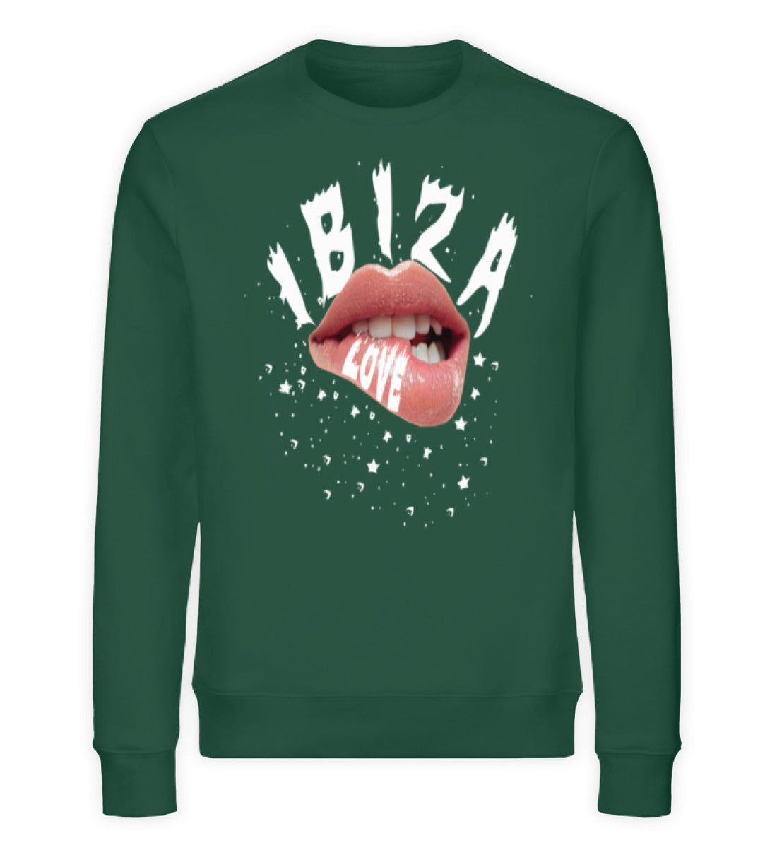 Nachhaltiges Unisex Sweatshirt aus Bio-Baumwolle mit IBIZA LOVE-Print, weicher Stoff, moderner Schnitt, ideal für Damen und Herren in Grün (Bottle Green-6891) mit IBIZA Aufdruck von www.digiuliano.com