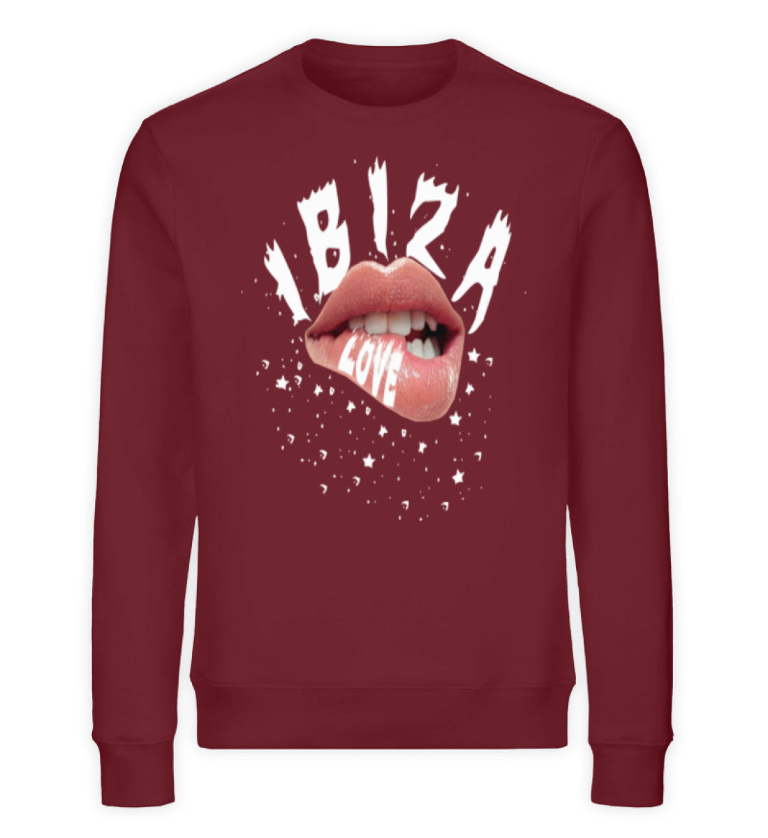 Nachhaltiges Unisex Sweatshirt aus Bio-Baumwolle mit IBIZA LOVE-Print, weicher Stoff, moderner Schnitt, ideal für Damen und Herren in Dunkelrot (Burgundy-6883) von www.digiuliano.com
