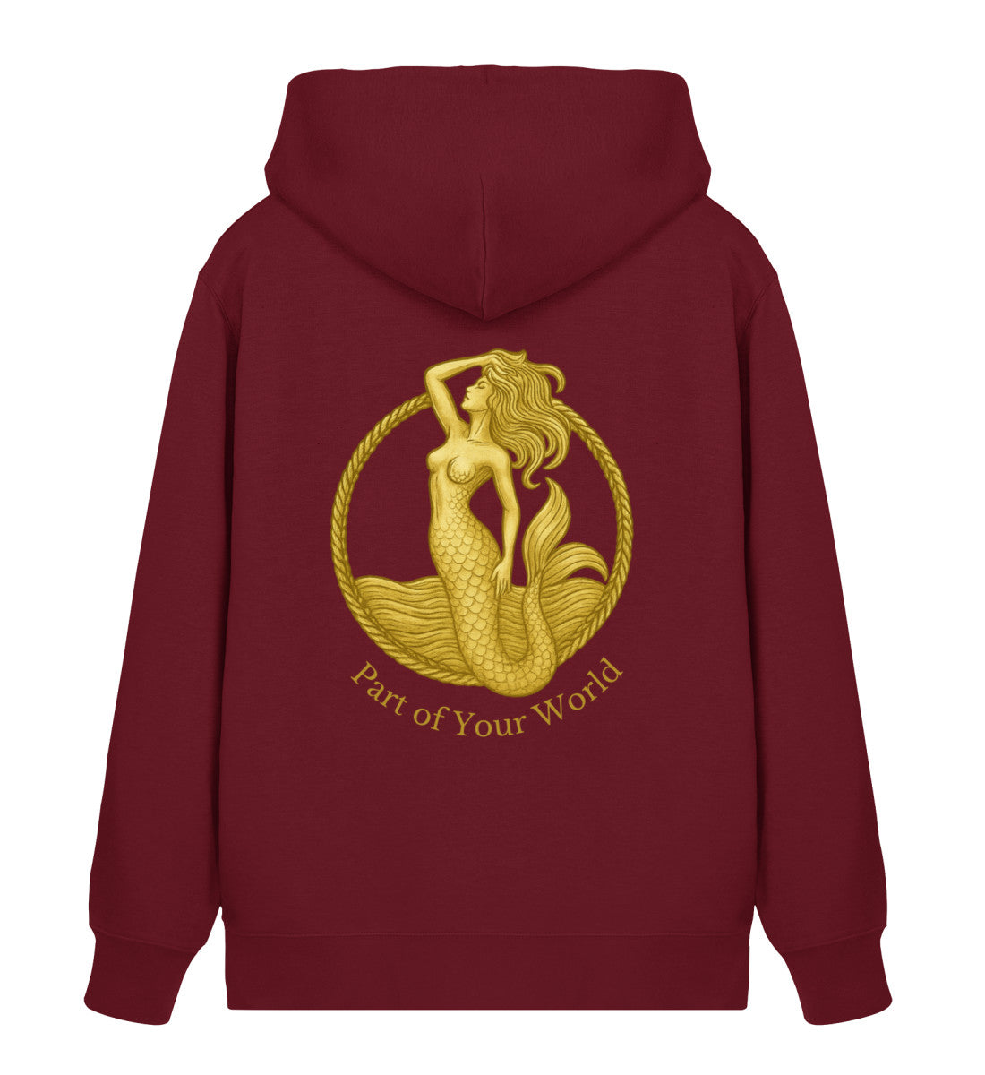 Nachhaltiger Zipper Hoodie mit goldenem Meerjungfrau-Print – Part of Your World – Bio-Baumwolle & recyceltes Polyester in Dunkelrot (Burgundy-6883) Rückenteil von www.digiuliano.com