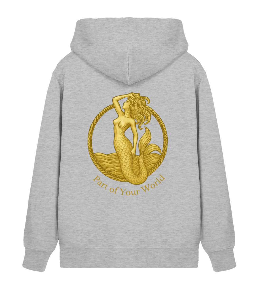 Nachhaltiger Zipper Hoodie mit goldenem Meerjungfrau-Print – Part of Your World – Bio-Baumwolle & recyceltes Polyester in Hellgrau (Heather Grey-17) Rückenteil von www.digiuliano.com