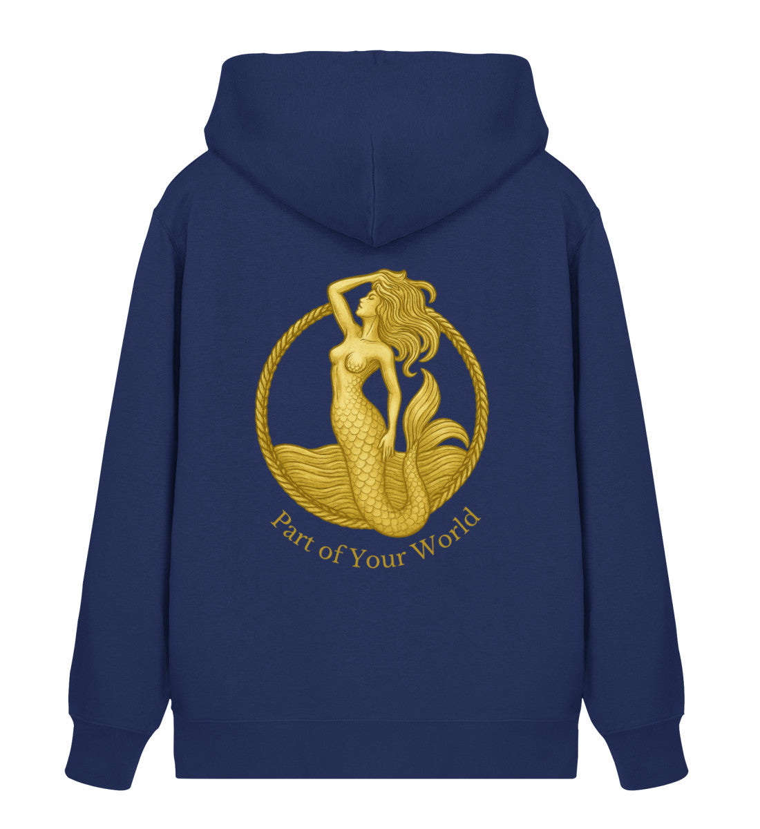 Nachhaltiger Zipper Hoodie mit goldenem Meerjungfrau-Print – Part of Your World – Bio-Baumwolle & recyceltes Polyester in Marine (French Navy-6057) Rückenteil von www.digiuliano.com