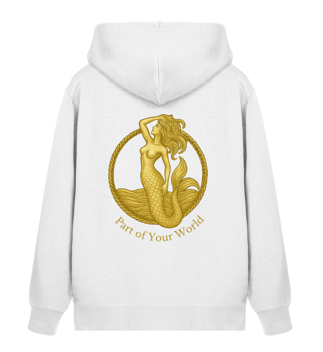 Nachhaltiger Zipper Hoodie mit goldenem Meerjungfrau-Print – Part of Your World – Bio-Baumwolle & recyceltes Polyester in Weiß (White-3) Rückenteil von www.digiuliano.com