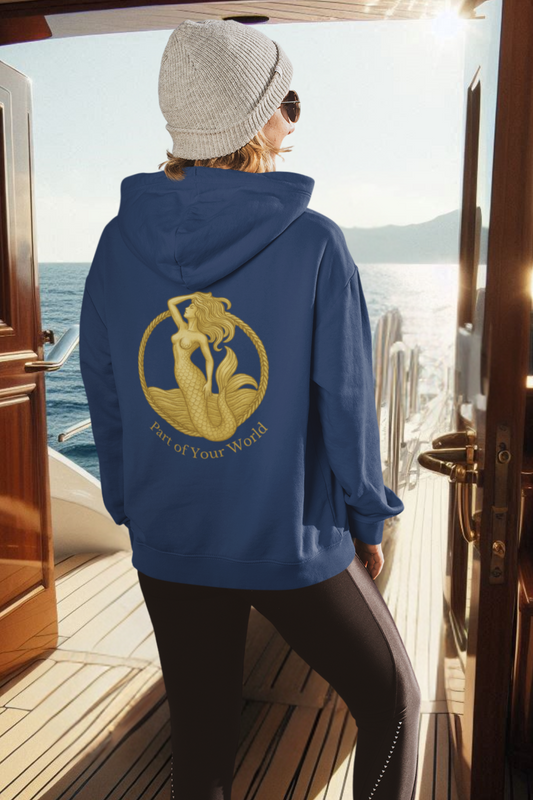 Nachhaltiger Zipper Hoodie mit goldenem Meerjungfrau-Print – Part of Your World – Bio-Baumwolle & recyceltes Polyester in Marine (French Navy-6057) Vorderteil von www.digiuliano.om