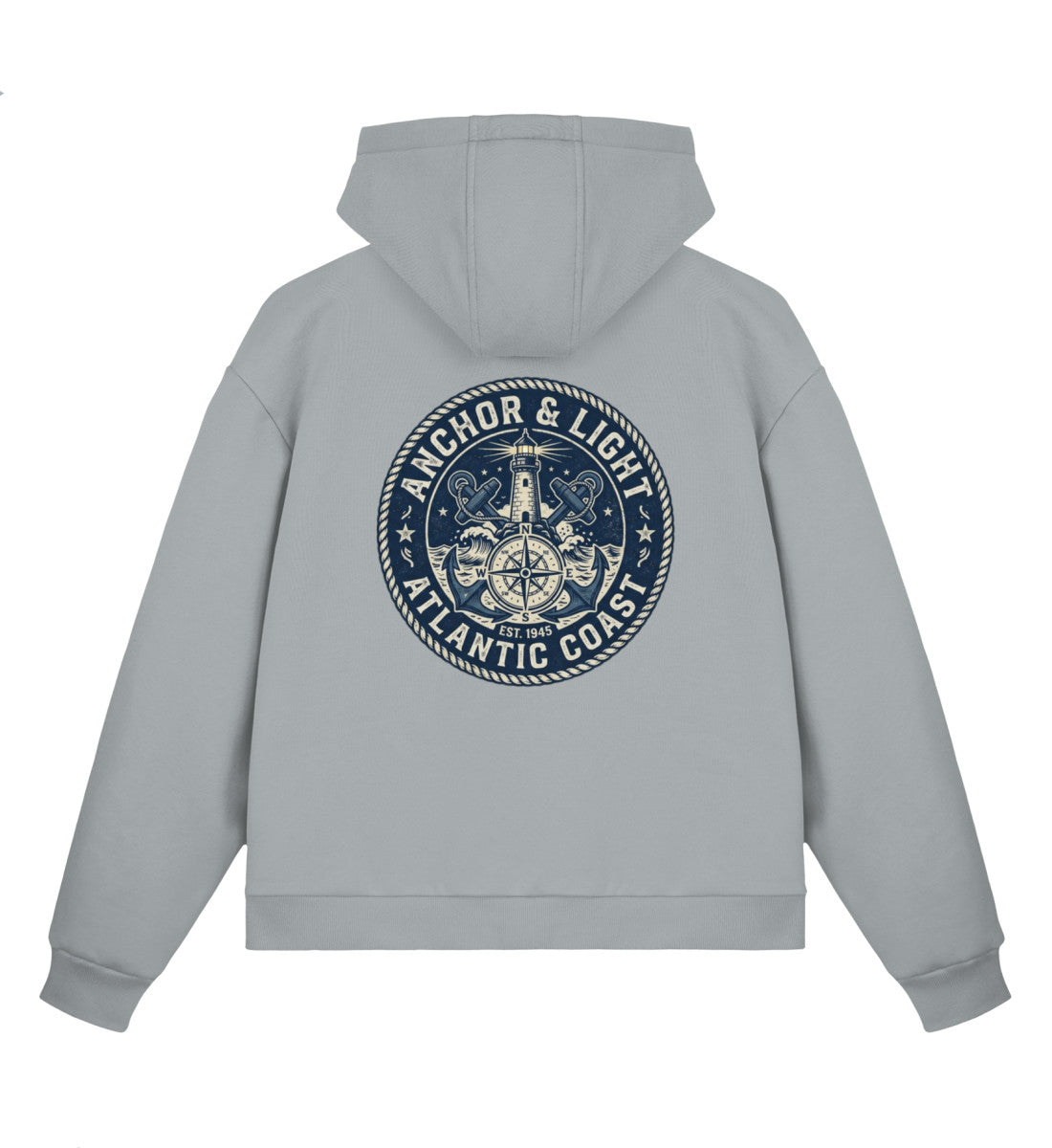 Asphalt maritimer Boxcut Zipper mit großem Runden Rücken-Emblem „Anchor & Light Atlantic Coast“, Leuchtturm, gekreuzten Ankern und Kompassrose. (Light Asphalt-7357) www.digiuliano.com