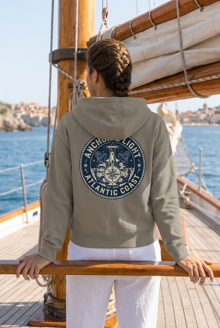 Olive maritimer Boxcut Zipper mit großem Runden Rücken-Emblem „Anchor & Light Atlantic Coast“, Leuchtturm, gekreuzten Ankern und Kompassrose. (Pale Olive-7353) www.digiuliano.com