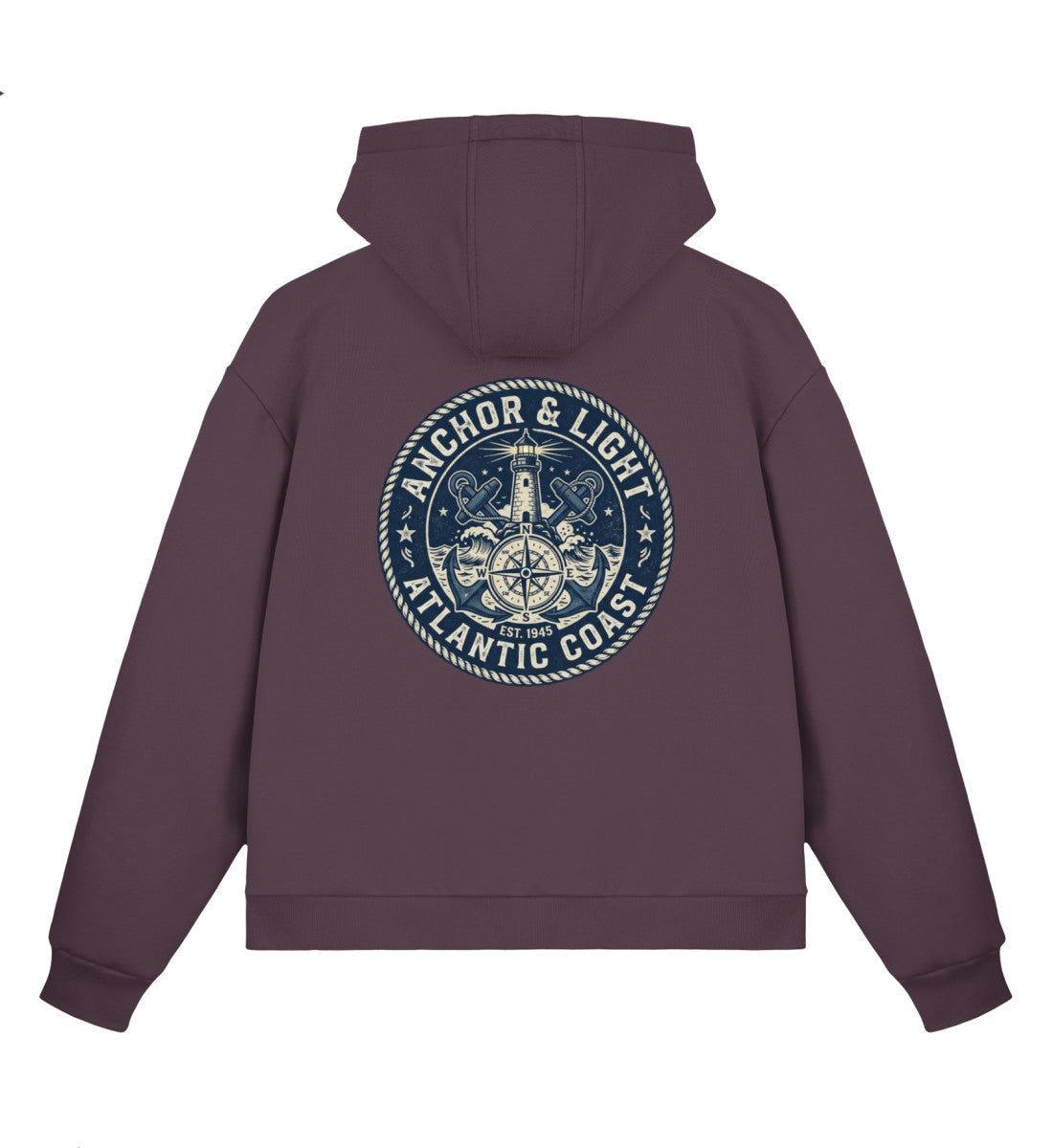 Pflaumenlila maritimer Boxcut Zipper mit großem Runden Rücken-Emblem „Anchor & Light Atlantic Coast“, Leuchtturm, gekreuzten Ankern und Kompassrose. (Plum Purple-7351) www.digiuliano.com
