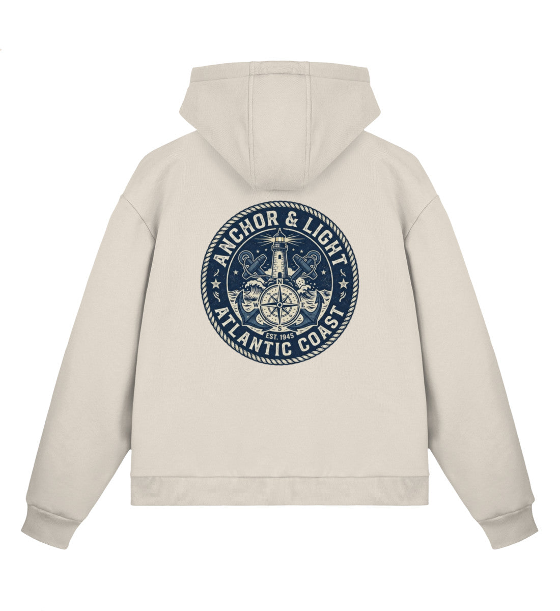 Sand maritimer Boxcut Zipper mit großem Runden Rücken-Emblem „Anchor & Light Atlantic Coast“, Leuchtturm, gekreuzten Ankern und Kompassrose. (White Sand-7345) www.digiuliano.com