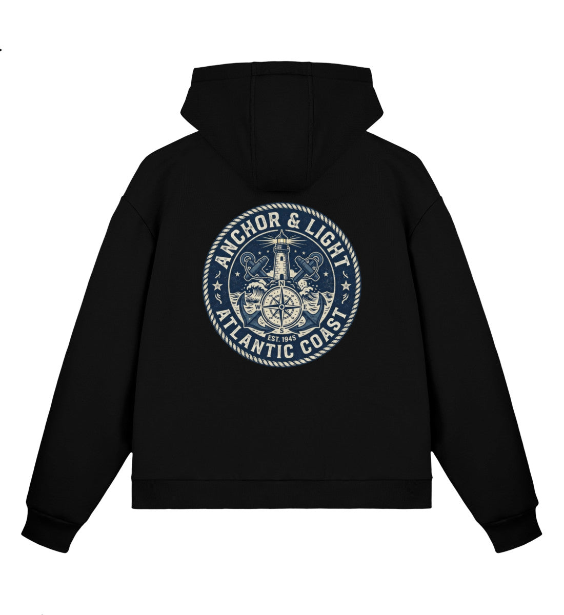 Schwarz maritimer Boxcut Zipper mit großem Runden Rücken-Emblem „Anchor & Light Atlantic Coast“, Leuchtturm, gekreuzten Ankern und Kompassrose. (Black-16) www.digiuliano.com