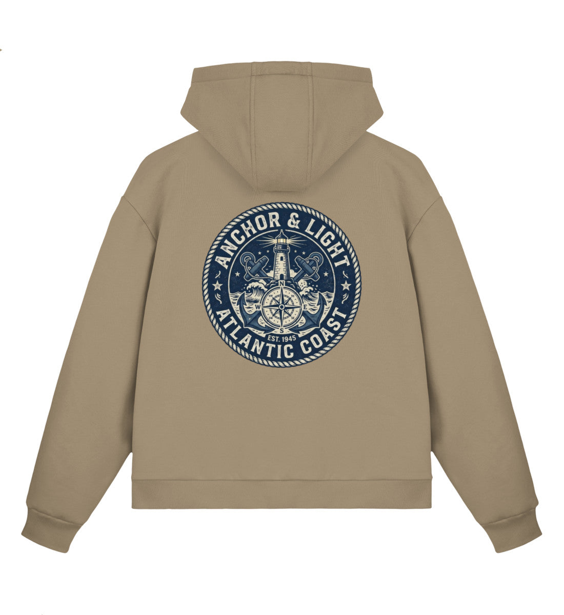 U.Beige maritimer Boxcut Zipper mit großem Runden Rücken-Emblem „Anchor & Light Atlantic Coast“, Leuchtturm, gekreuzten Ankern und Kompassrose. (U. Beige-7347) www.digiuliano.com