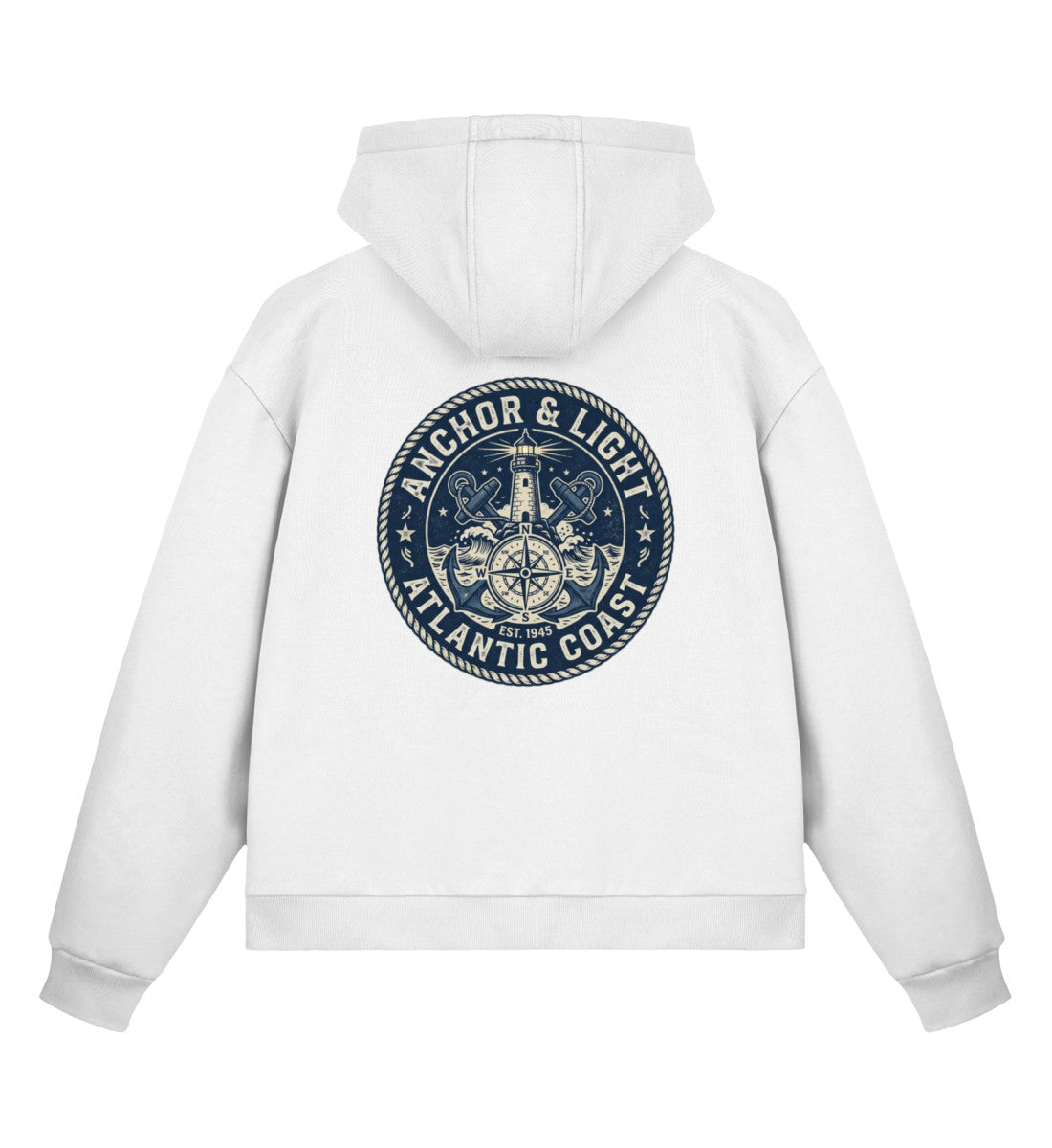 Weiss maritimer Boxcut Zipper mit großem Runden Rücken-Emblem „Anchor & Light Atlantic Coast“, Leuchtturm, gekreuzten Ankern und Kompassrose. (White-3) www.digiuliano.com