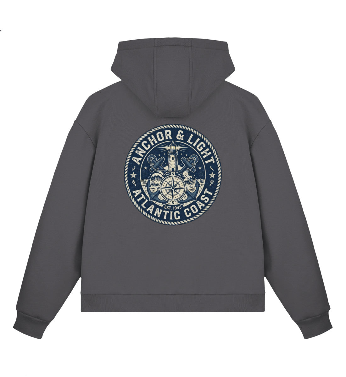 Magnet maritimer Boxcut Zipper mit großem Runden Rücken-Emblem „Anchor & Light Atlantic Coast“, Leuchtturm, gekreuzten Ankern und Kompassrose. (Magnet-7355) www.digiuliano.com