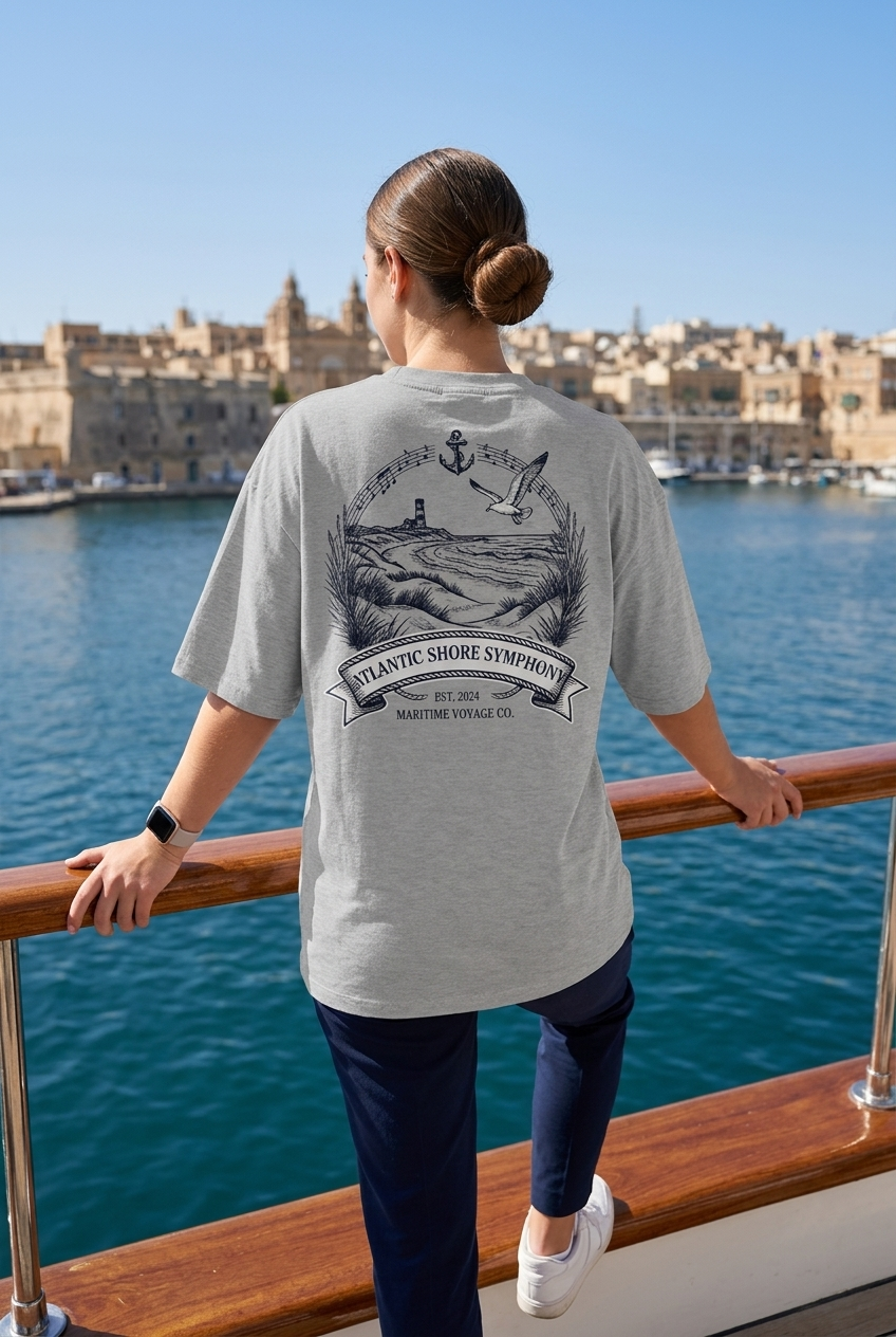 Maritimes Bio Oversized T-Shirt in der Rückansicht mit großem „Atlantic Shore Symphony“-Wellenmotiv aus edler Bio-Baumwolle. www.digiuliano.com