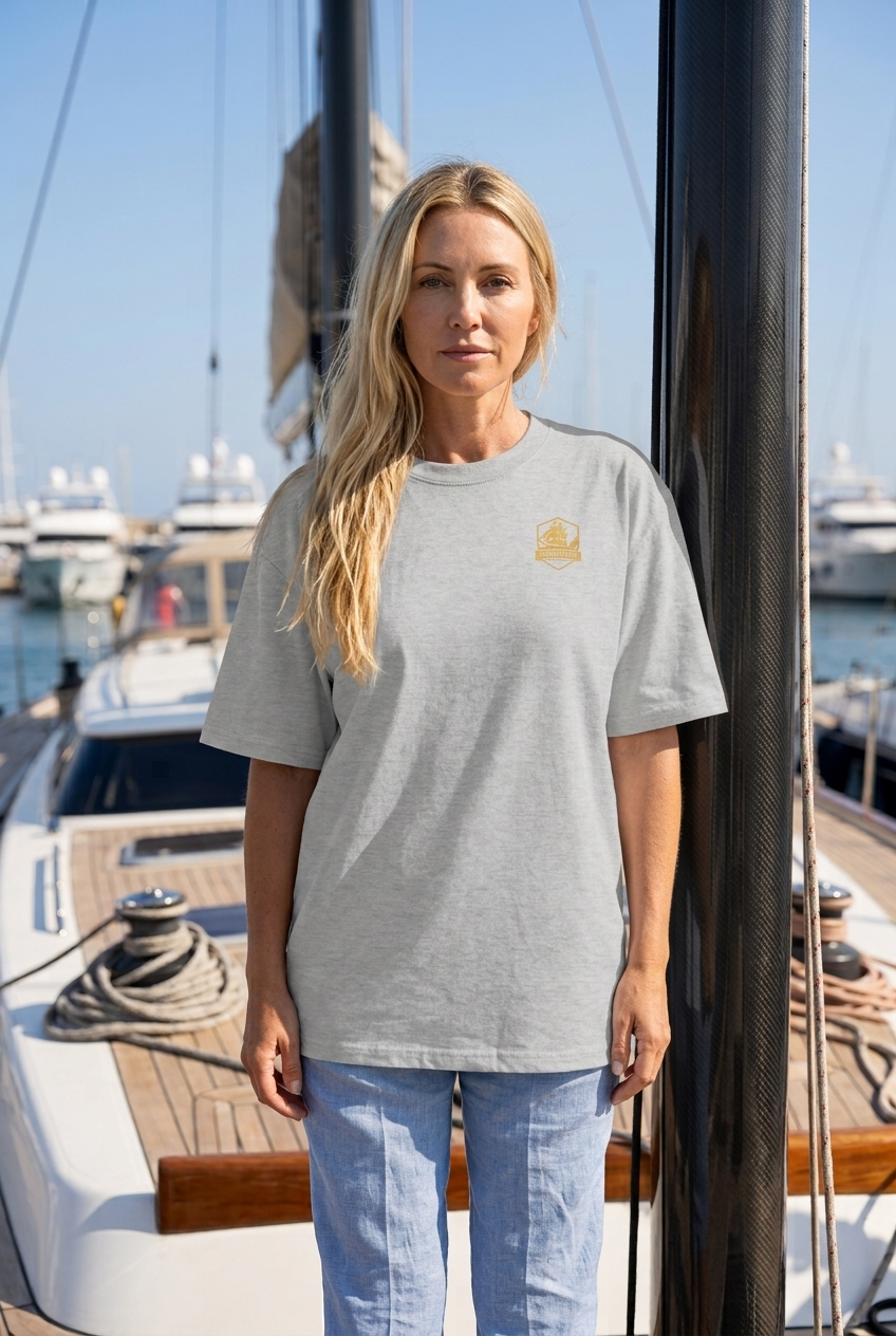 Grau maritimes Organic Oversized T-Shirt Vorderansicht aus 100 % Bio-Baumwolle mit lockerem Schnitt und dezentem „DI GIULIANO“-Logo auf der Brust. (Heather Gray) www.digiuliano.com