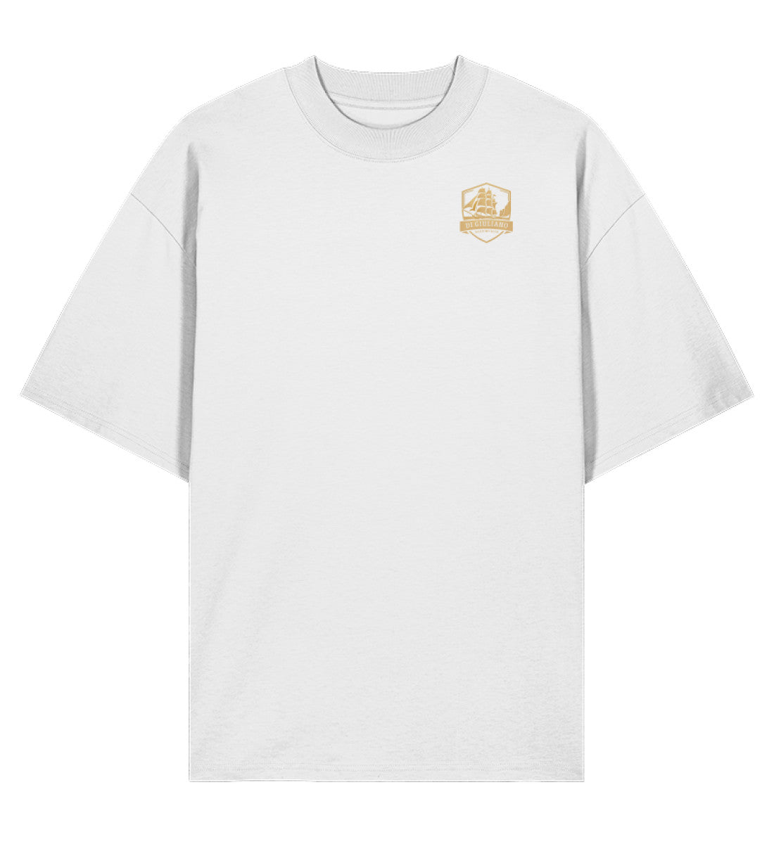 Weiss maritimes Organic Oversized T-Shirt Vorderansicht aus 100 % Bio-Baumwolle mit lockerem Schnitt und dezentem „DI GIULIANO“-Logo auf der Brust. (White-3) www.digiuliano.com