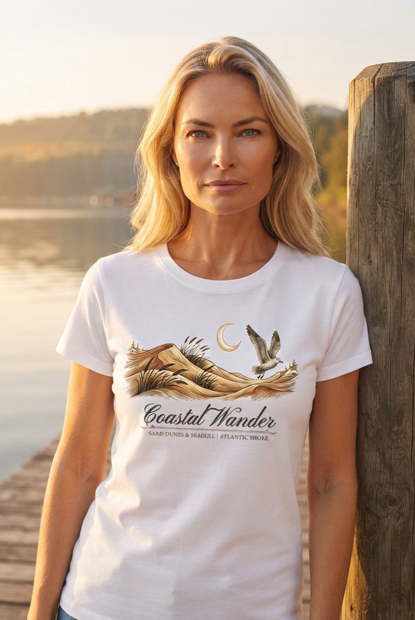 Eine Frau am Seeufer trägt das maritimes weißes Bio Damen-Shirt „Coastal Wander“ mit Möwen- und Dünen-Design. (White-3) digiuliano.com