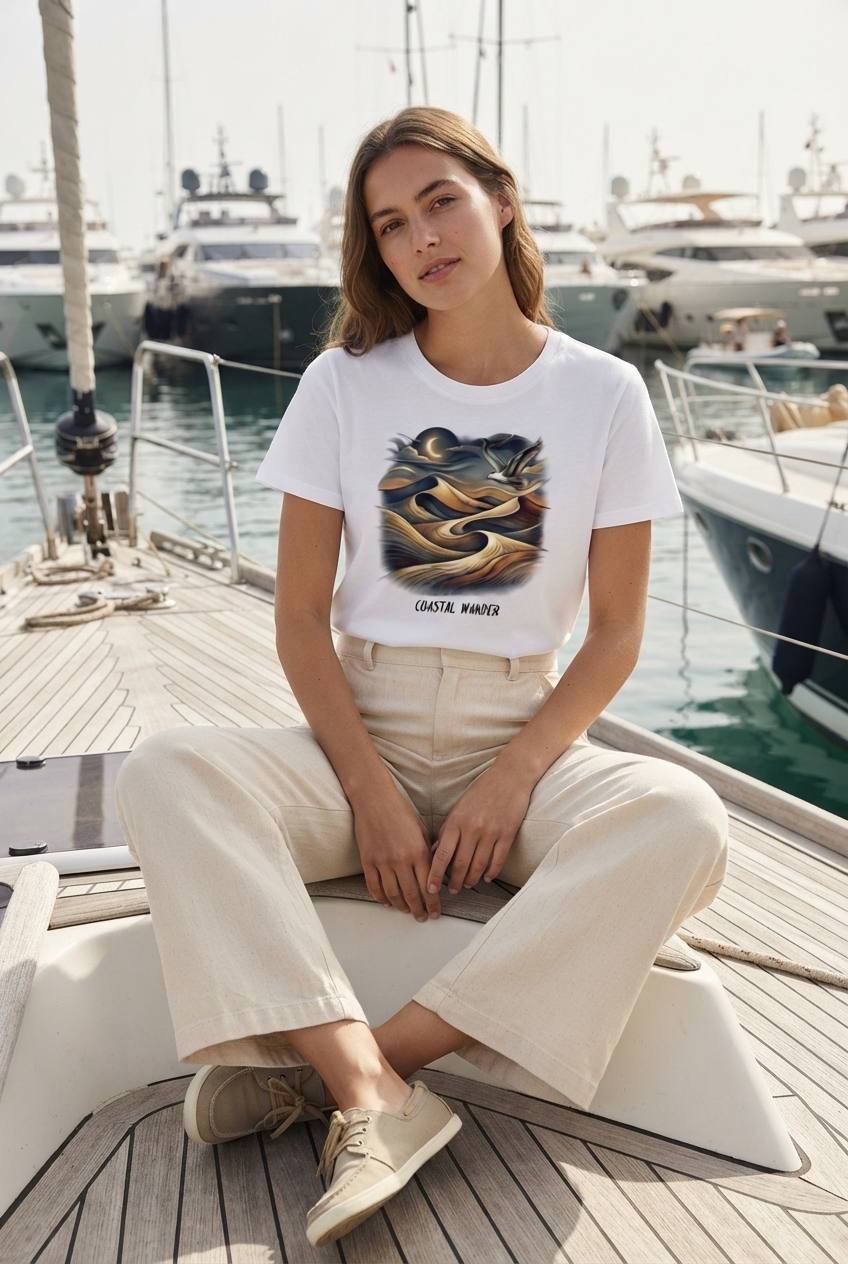 Eine Frau sitzt auf einem Yacht Deck im Hafen vor Motoryachten und trägt das weiße Premium Organic Damen-Shirt „Coastal Wander“ mit einem künstlerischen Küsten- und Dünen-Motiv sowie einer passenden maritimen Hose (White-3)