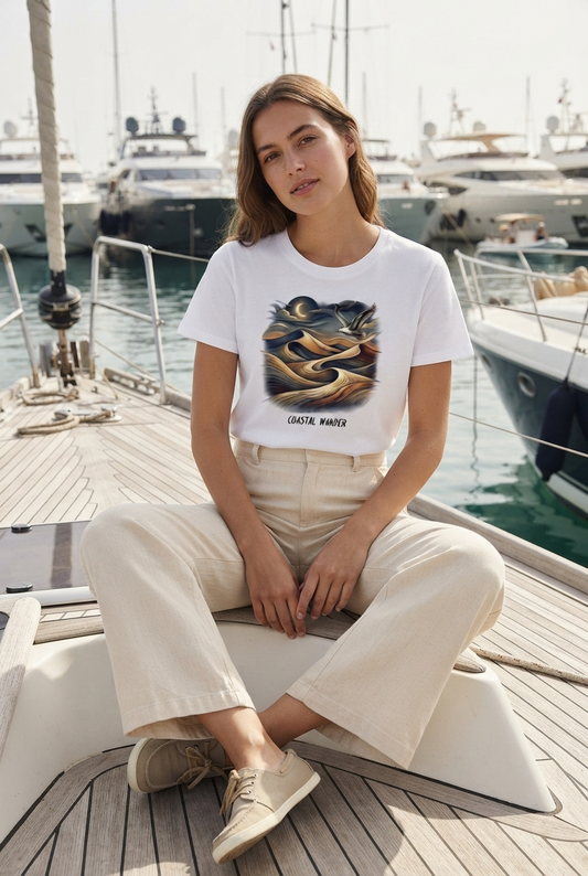 Eine Frau sitzt auf einem Yacht Deck im Hafen vor Motoryachten und trägt das weiße Premium Organic Damen-Shirt „Coastal Wander“ mit einem künstlerischen Küsten- und Dünen-Motiv sowie einer passenden maritimen Hose (White-3)