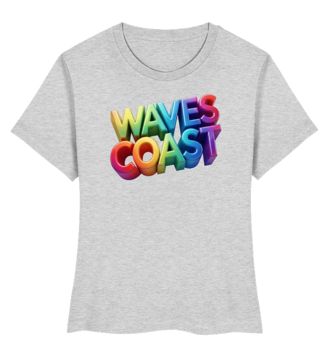 Ein hellgraues Damen Premium Organic Shirt mit einem bunten, dreidimensionalen Schriftzug „WAVES COAST“ auf der Brust. (Heather Grey-6892) digiuliano.com