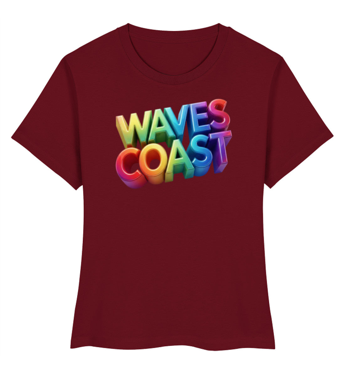 Ein dunkelrotes Damen Premium Organic Shirt mit einem bunten, dreidimensionalen Schriftzug „WAVES COAST“ auf der Brust. (Burgundy-6883) digiuliano.com