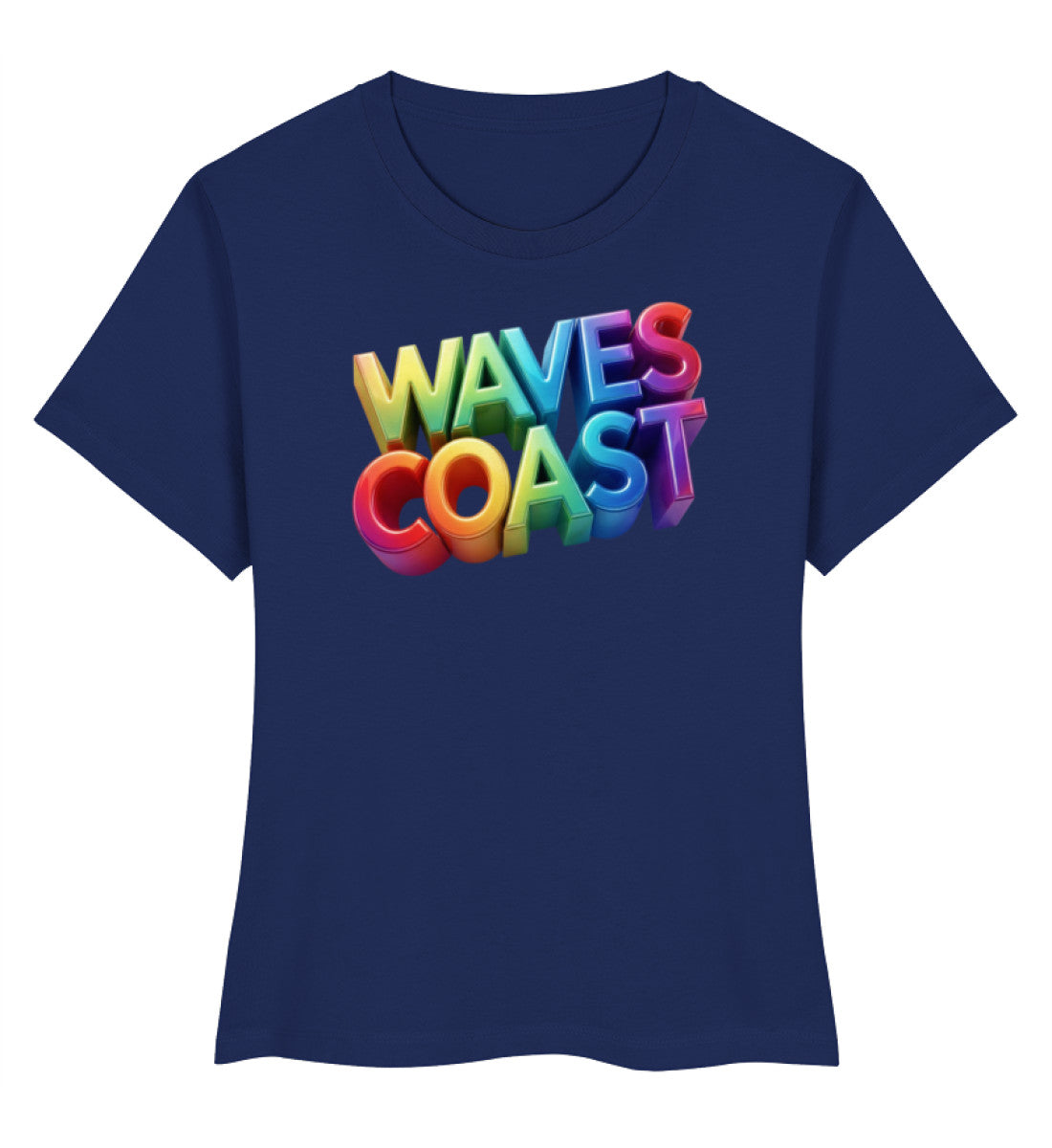 Ein marineblaues Damen Premium Organic Shirt mit einem bunten, dreidimensionalen Schriftzug „WAVES COAST“ auf der Brust. (French Navy-6057) digiuliano.com