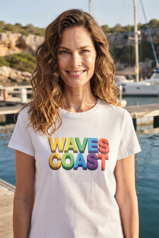 Ein weißes Damen Premium Organic Shirt mit einem bunten, dreidimensionalen Schriftzug „WAVES COAST“ auf der Brust. (White-3) digiuliano.com