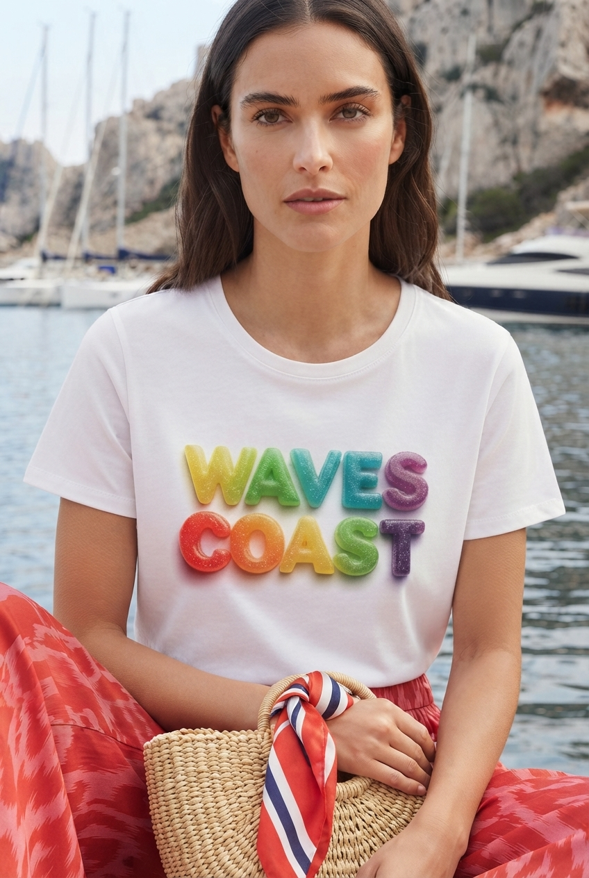 Ein weißes Damen Premium Organic Shirt mit einem bunten, dreidimensionalen Schriftzug „WAVES COAST“ auf der Brust. (White-3) digiuliano.com