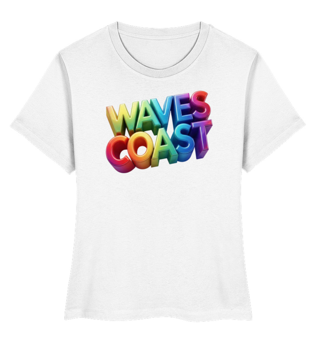 Ein weißes Damen Premium Organic Shirt mit einem bunten, dreidimensionalen Schriftzug „WAVES COAST“ auf der Brust. (White-3) digiuliano.com