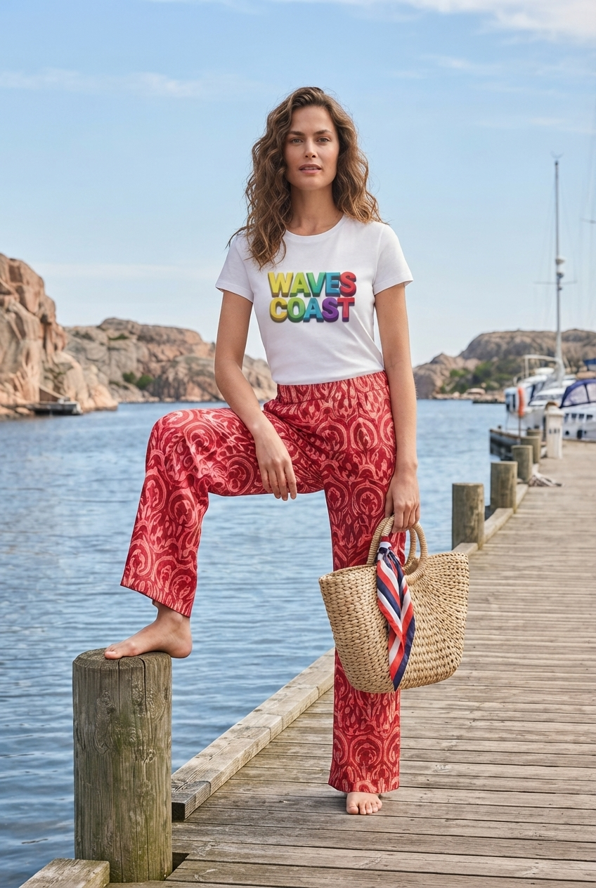 Ein weißes Damen Premium Organic Shirt mit einem bunten, dreidimensionalen Schriftzug „WAVES COAST“ auf der Brust. (White-3) digiuliano.com