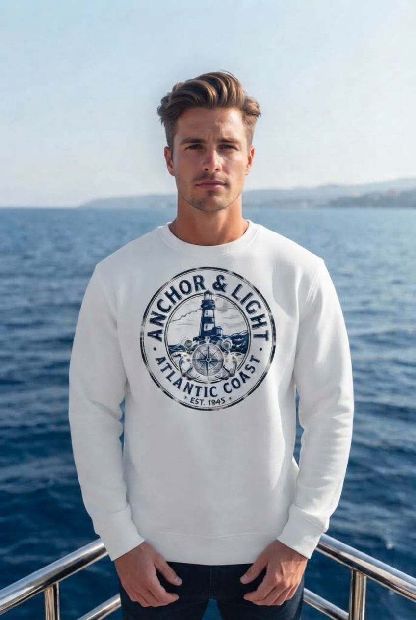 Weisses hochwertiger, schwerer Bio-Baumwoll-Hoodie (350 g/m²) mit maritimem Design von DI GIULIANO, nachhaltig und ressourcenschonend im Print-on-Demand-Verfahren hergestellt. (White-3) digiuliano.com