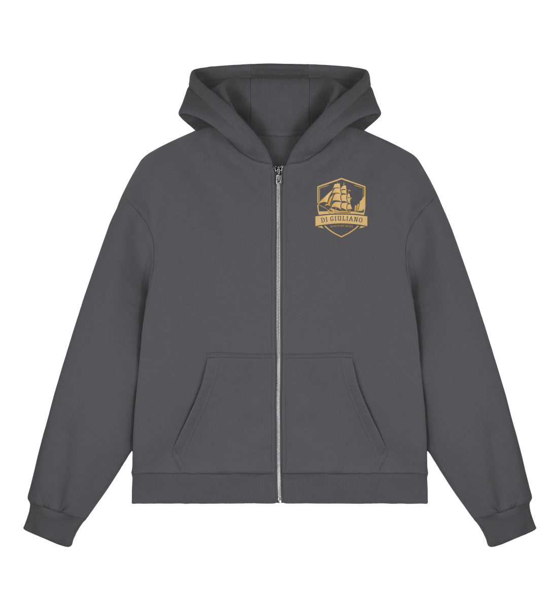 Magnet maritimer Bio Boxcut Zipper in der Vorderansicht mit Metall-Reißverschluss, Kängurutasche und goldenem Dreimaster-Wappen auf der Brust. (Magnet-7355) www.digiuliano.com
