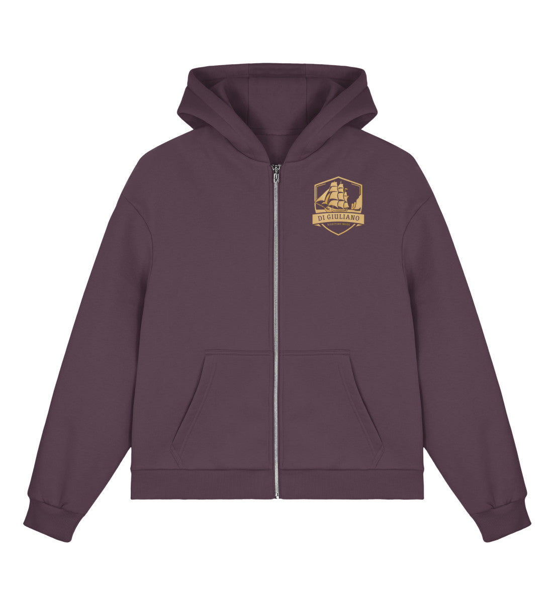 Pflaumenlila maritimer Bio Boxcut Zipper in der Vorderansicht mit Metall-Reißverschluss, Kängurutasche und goldenem Dreimaster-Wappen auf der Brust. (Plum Purple-7351) www.digiuliano.com