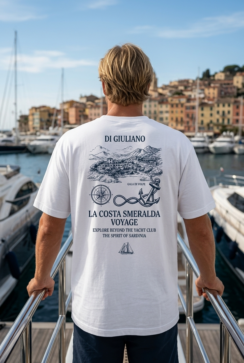 Weiss maritimes Organic Heavy Oversized T-Shirt Rückenteil mit Motiv „La Costa Smeralda Voyage“, Ansicht der Bucht Gala di Volpe, Kompassrose, Anker und Segelschiff (White-3) www.digiuliano.com