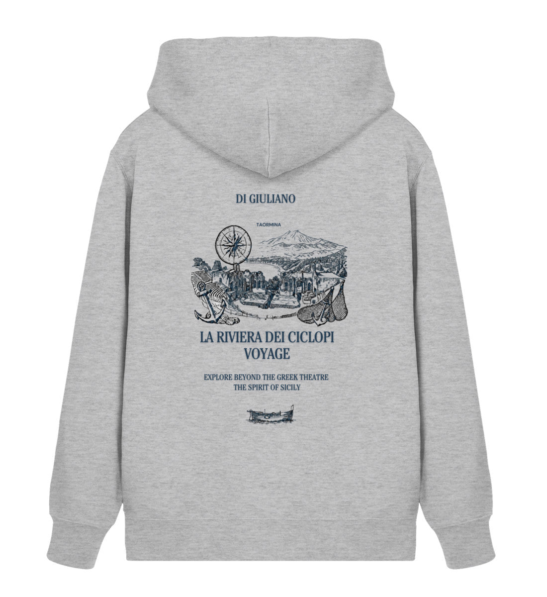 Graumeliert maritimer Unisex Organic Zipper  mit Rückendruck „La Riviera dei Ciclopi Voyage“, Ansicht von Taormina, Ätna, Kompassrose, Anker und Fischernetz. (Heather Grey-17) www.digiuliano.com