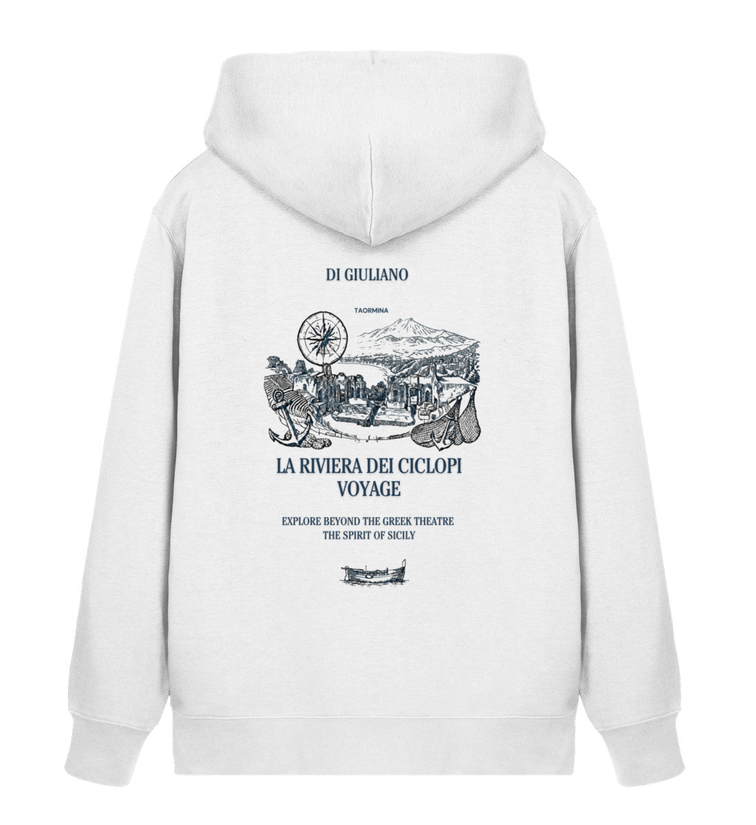 Weiss maritimer Unisex Organic Zipper mit Rückendruck „La Riviera dei Ciclopi Voyage“, Ansicht von Taormina, Ätna, Kompassrose, Anker und Fischernetz. (White-3) www.digiuliano.com