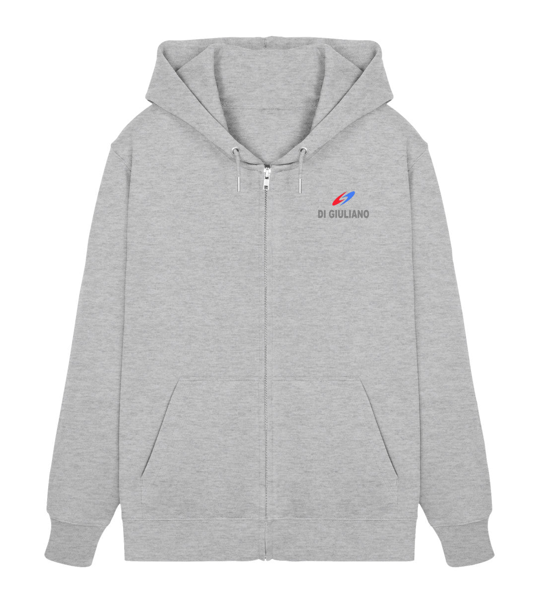 Graumeliert maritimer Unisex Organic Zipper mit durchgehendem Reißverschluss, hochwertigen Metallenden und kleinem Bedruckten Logo auf der Brust. (Heather Grey-17) www.digiuliano.com
