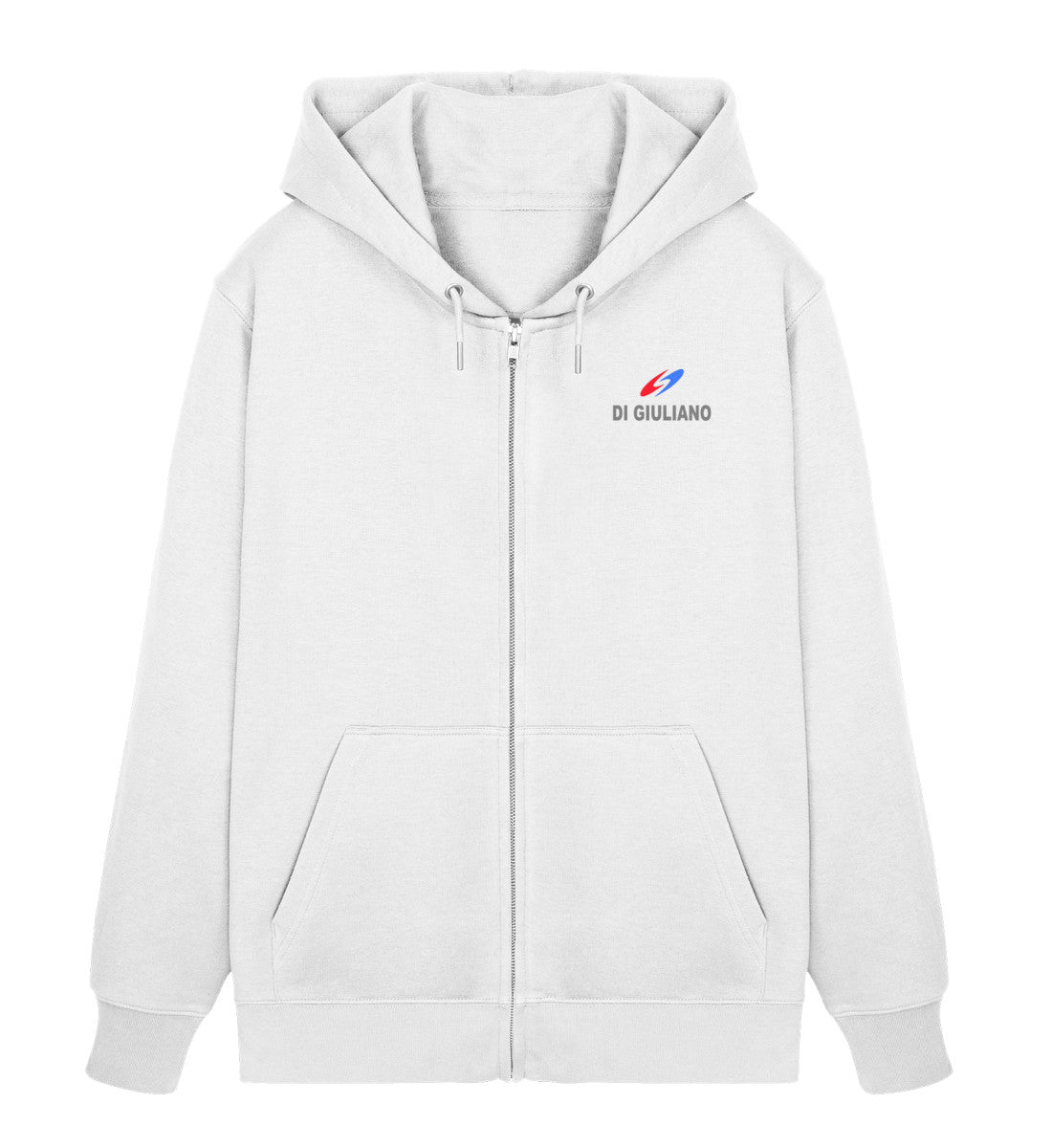 Weiss maritimer Unisex Organic Zipper mit durchgehendem Reißverschluss, hochwertigen Metallenden und kleinem Bedruckten Logo auf der Brust. (White-3) www-digiuliano.com