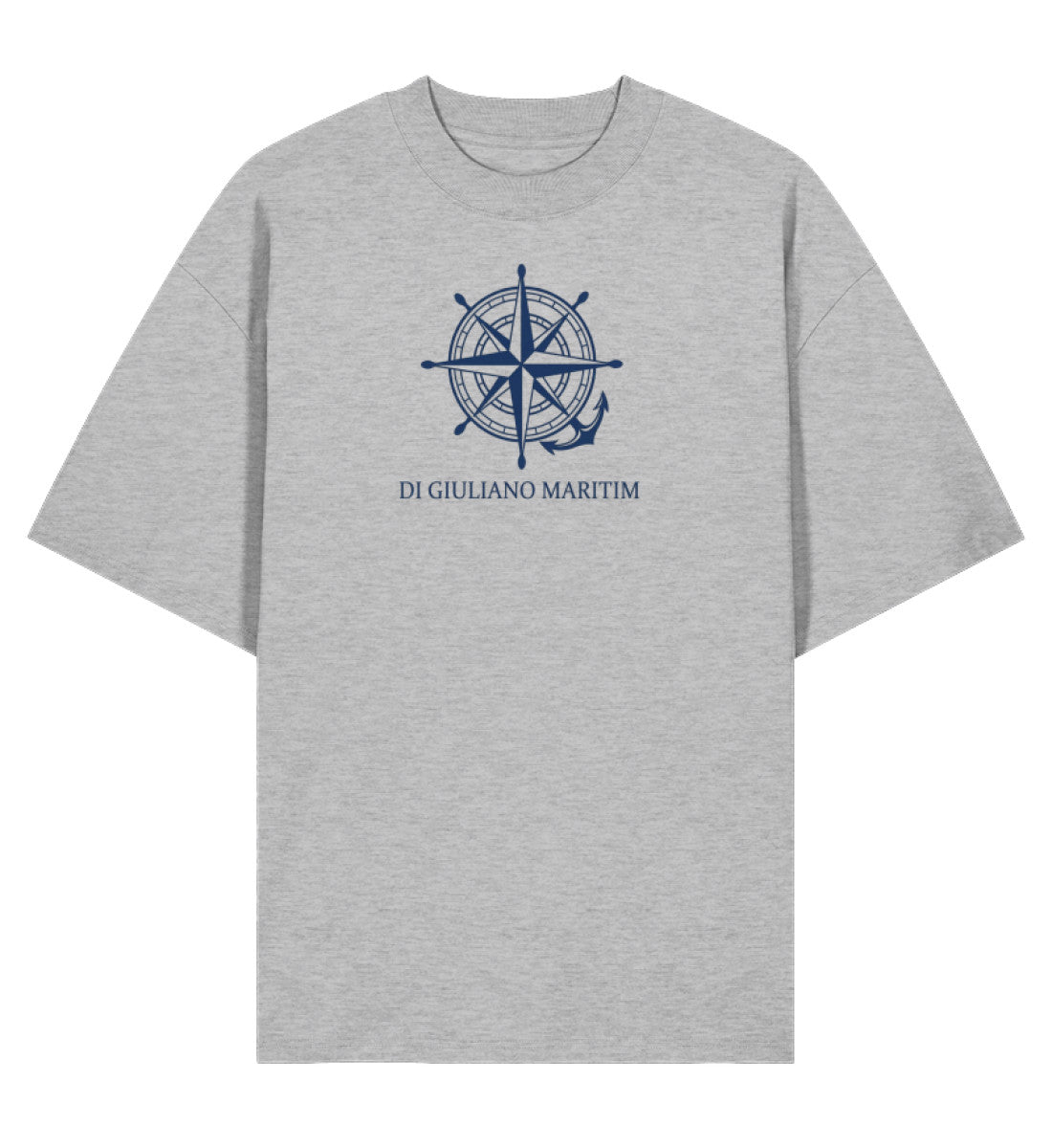 Maritimes Damen Organic Oversized T-Shirt Grau mit dunkelblauer Windrose, Steuerrad, Anker und dem Schriftzug. Di Giuliano Maritim. (Heather Grey-17) digiuliano.com