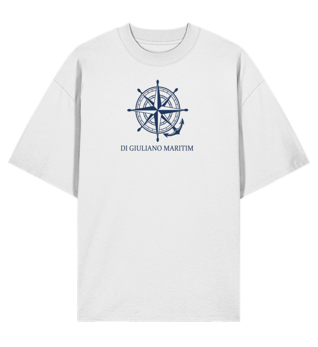 Maritimes Damen Organic Oversized T-Shirt Weiß mit dunkelblauer Windrose, Steuerrad, Anker und dem Schriftzug. Di Giuliano Maritim. (White-3) digiuliano.com