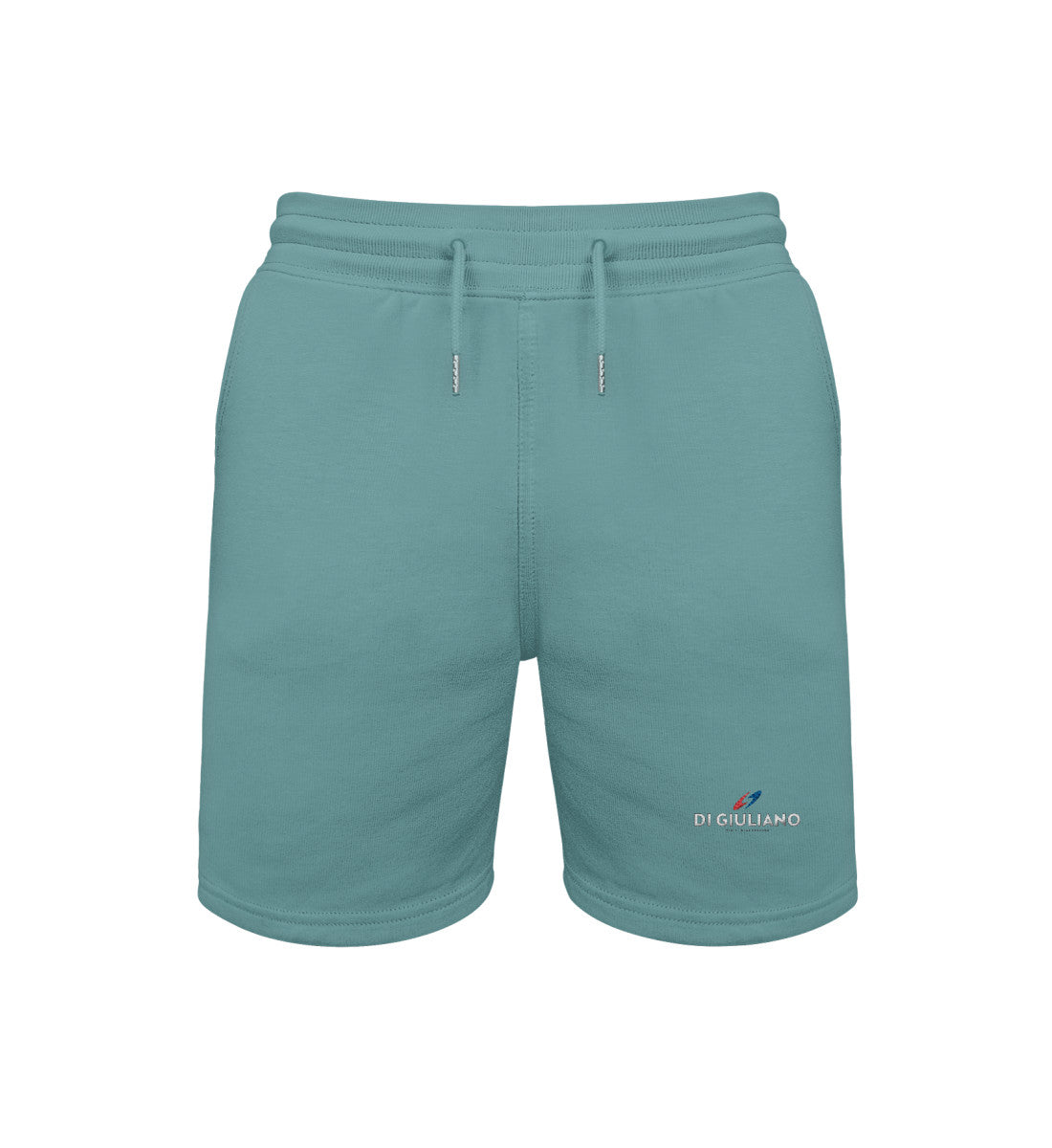 Aloe Maritime Unisex Bio Sweatshorts in der Vorderansicht mit edler Stickerei, Kordelzug mit Metallenden und praktischen Seitentaschen. (Teal Monstera-7175) www.digiuliano.com