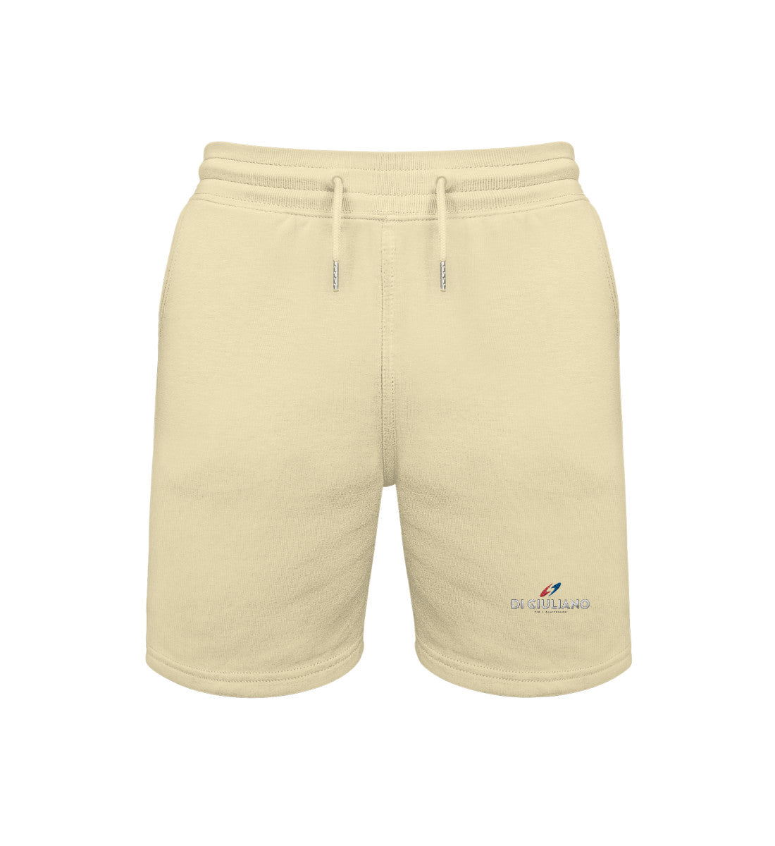 Naturbelassen maritime Unisex Bio Sweatshorts in der Vorderansicht mit edler Stickerei, Kordelzug mit Metallenden und praktischen Seitentaschen. (Natural Raw-7131) www.digiuliano.com