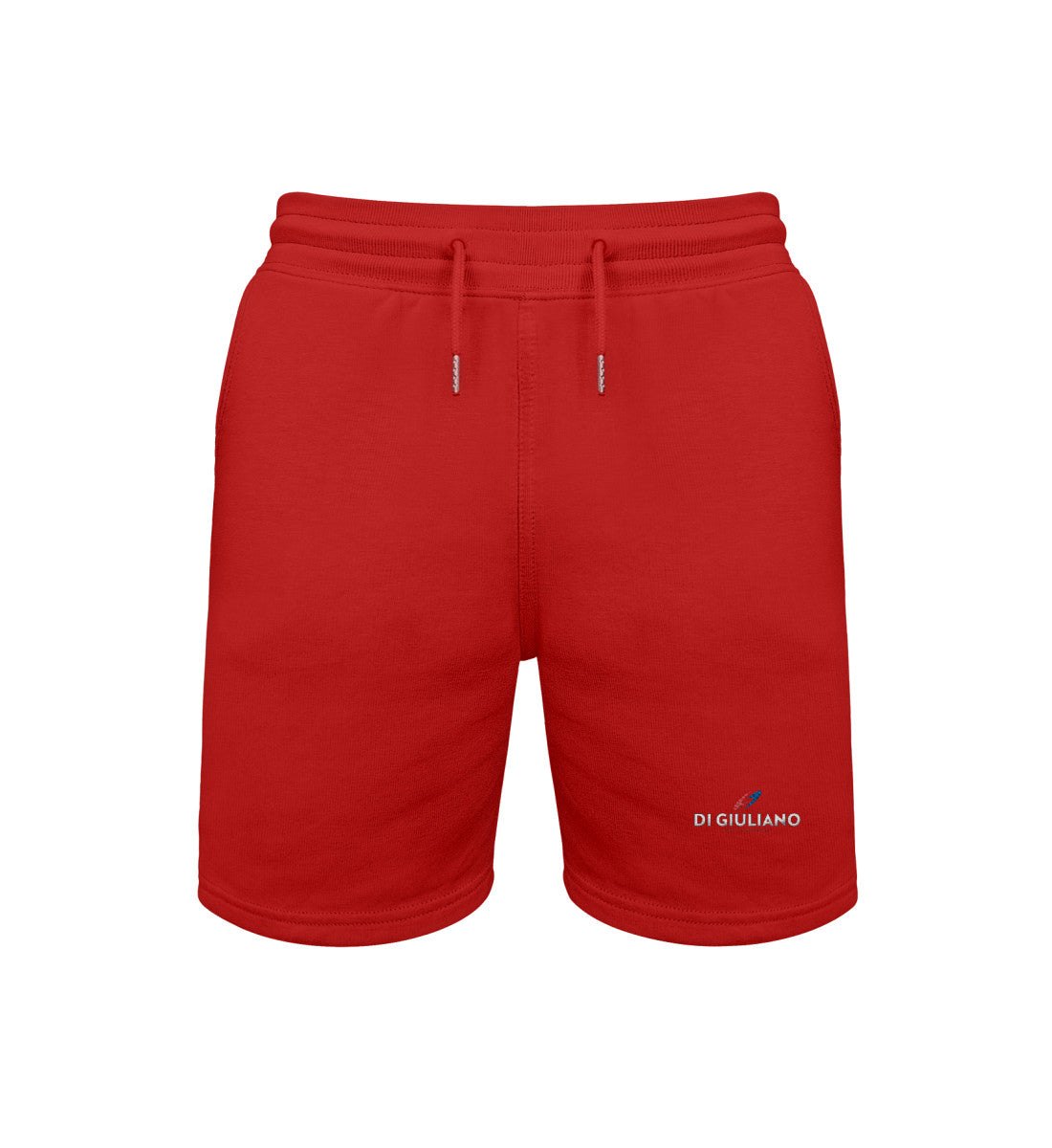 Rot maritime Unisex Bio Sweatshorts in der Vorderansicht mit edler Stickerei, Kordelzug mit Metallenden und praktischen Seitentaschen. (Red-4) www.digiuliano.com