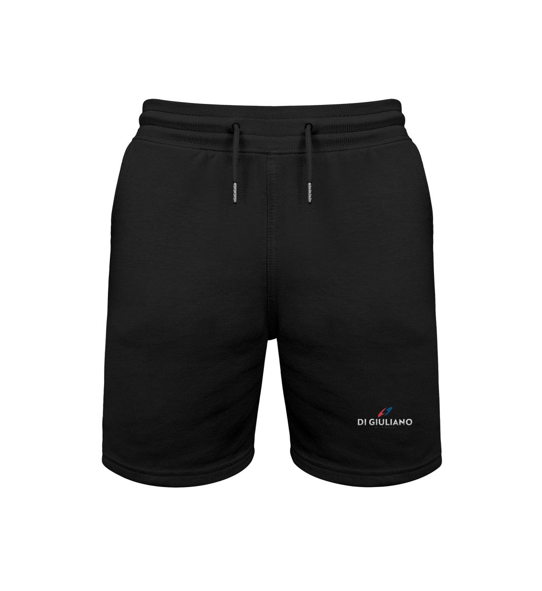 Schwarz maritime Unisex Bio Sweatshorts in der Vorderansicht mit edler Stickerei, Kordelzug mit Metallenden und praktischen Seitentaschen. (Black-16) www.digiuliano.com