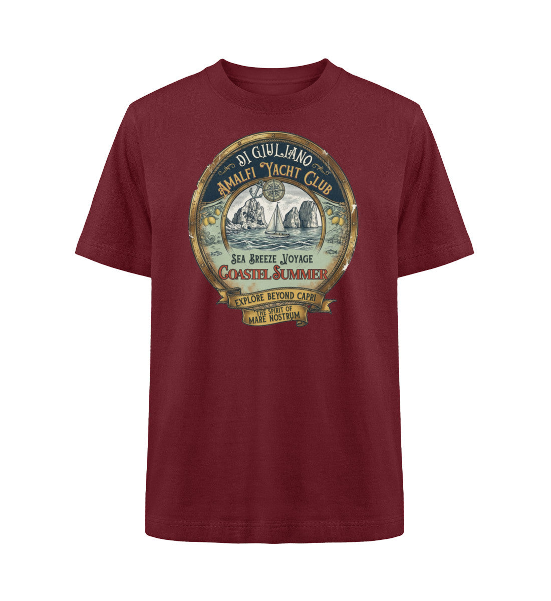 Dunkelrot maritimes Organic Heavy Oversized T-Shirt in der Vorderansicht mit lässigem Schnitt aus schwerer 240 g/m² Bio-Baumwolle. (Burgundy-6883) www.digiuliano.com