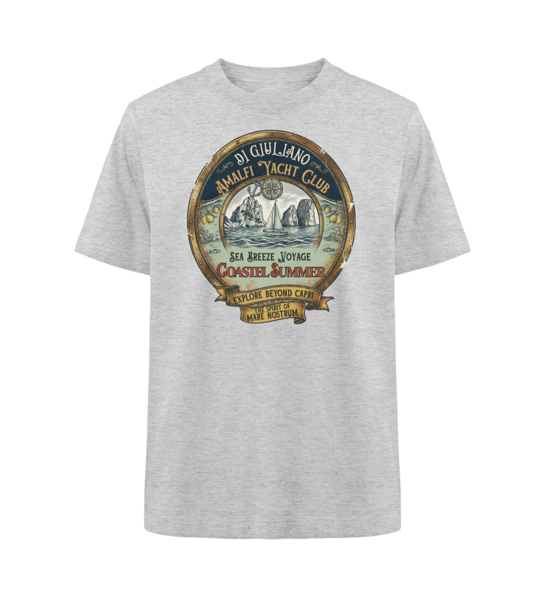 Graumeliert maritimes Organic Heavy Oversized T-Shirt in der Vorderansicht mit lässigem Schnitt aus schwerer 240 g/m² Bio-Baumwolle. (Heather Grey-6892) www.digiuliano.com
