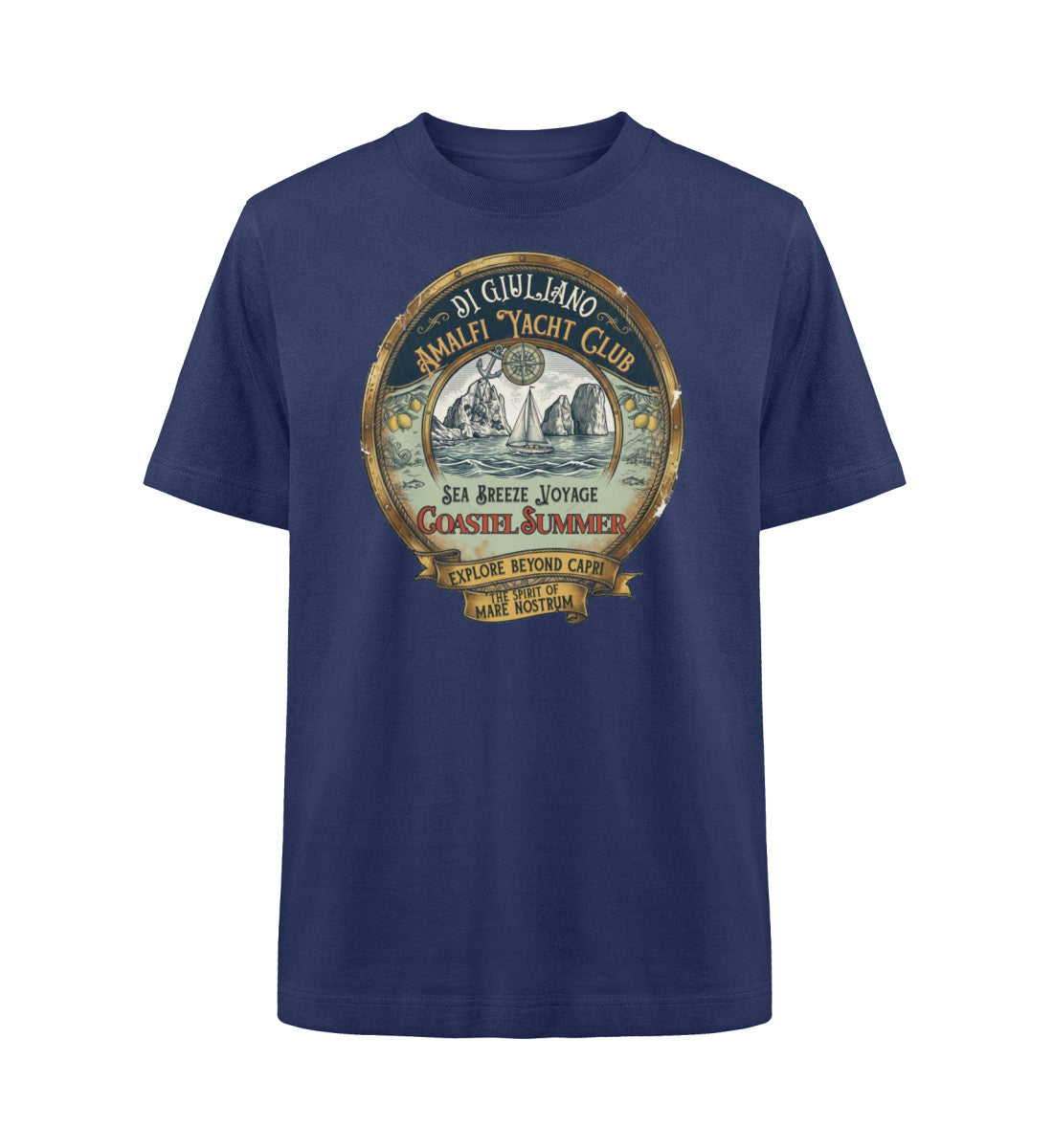 Marineblau maritimes Organic Heavy Oversized T-Shirt in der Vorderansicht mit lässigem Schnitt aus schwerer 240 g/m² Bio-Baumwolle. (French Navy-6057) www.digiuliano.com