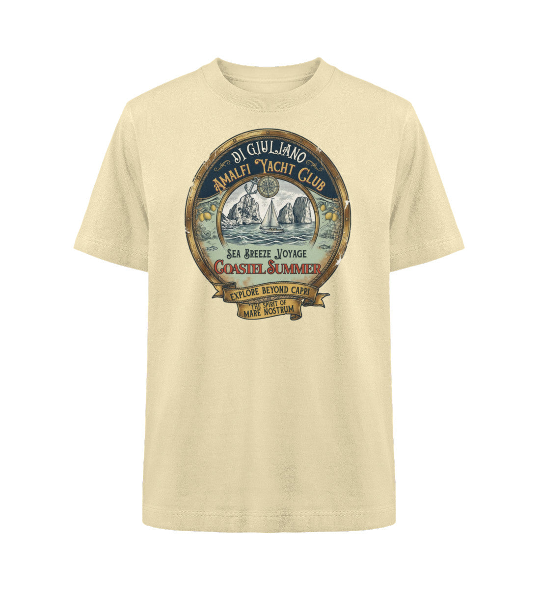 Naturbelassen maritimes Organic Heavy Oversized T-Shirt in der Vorderansicht mit lässigem Schnitt aus schwerer 240 g/m² Bio-Baumwolle. (Natural Raw-7131) www.digiuliano.com