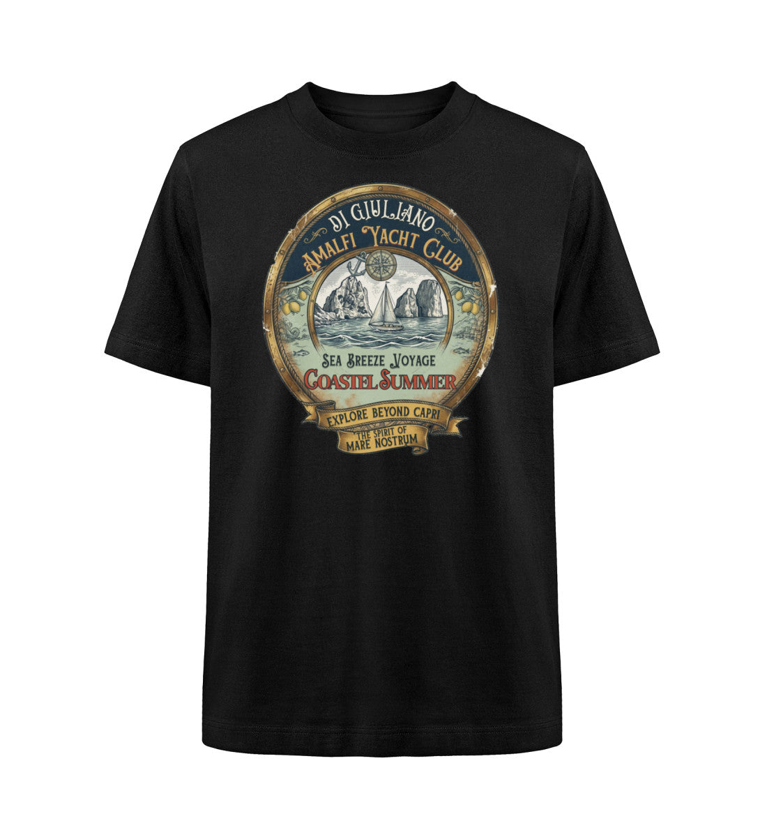Schwarz maritimes Organic Heavy Oversized T-Shirt in der Vorderansicht mit lässigem Schnitt aus schwerer 240 g/m² Bio-Baumwolle. (Black-16) www.digiuliano.com