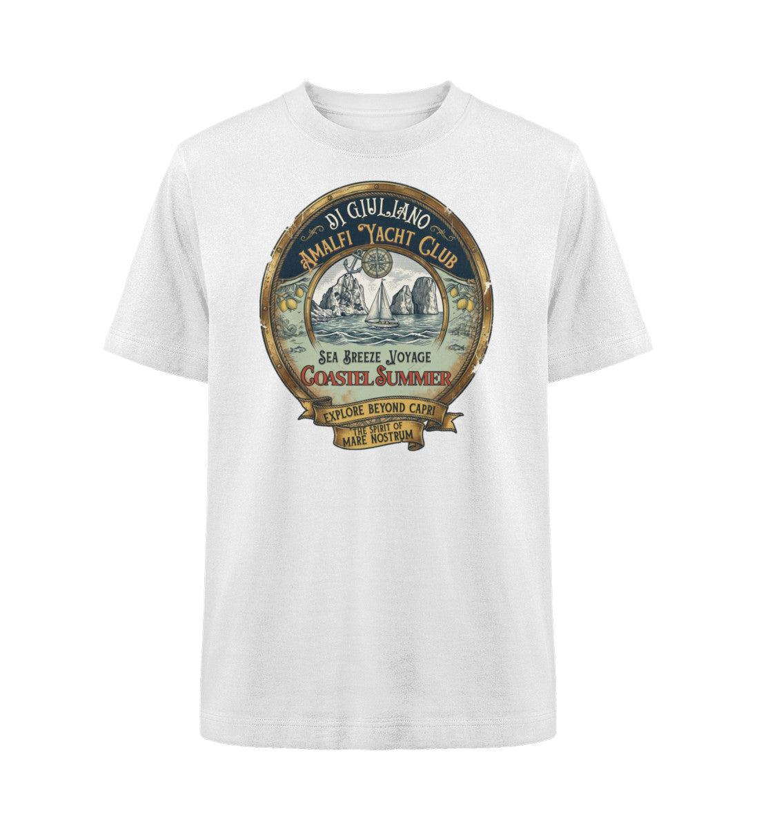 Weiss maritimes Organic Heavy Oversized T-Shirt in der Vorderansicht mit lässigem Schnitt aus schwerer 240 g/m² Bio-Baumwolle. (White-3) www.digiuliano.com