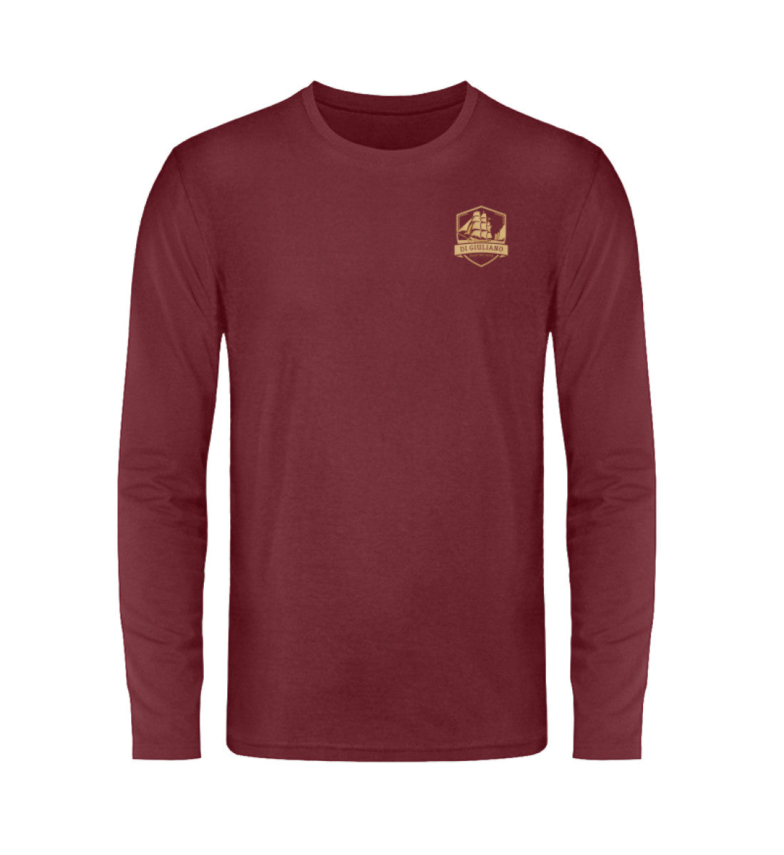 Burgund maritimes Unisex Langarmshirt in Weinrot mit edlem goldfarbenem Di Giuliano Dreimaster-Wappen auf der linken Brust. (Burgundy-6883) www.digiuliano.com